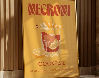 Negroni Cocktail Poster | Orange Pop Culture Drink Print | Modern Bar Wall Art | Minimalist Kitchen Bar Decor