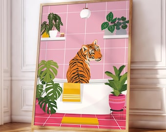 Tiger In Bath Print | Bathroom | House Plant | Green | Pink | Boho | Gallery Wall | Living Room/Bedroom/Kitchen Wall Art | A5/A4/A3/A2/A1/A0