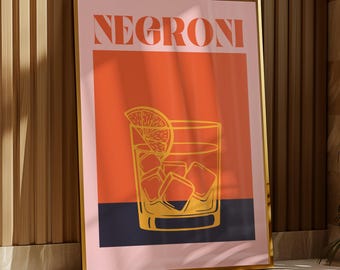 Negroni Orange Cocktail Print | Alcohol | Garden/Kitchen Bar | Man cave | Kitchen Disco | Vintage | Retro | Fun | Party | A5/A4/A3/A2/A1/A0