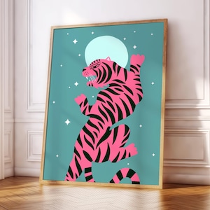 Stampa poster Boho Tiger / Rosa / Blu / Fauna selvatica / Giungla / Natura / Parete galleria / Arte murale per soggiorno/camera da letto/cucina / A5/A4/A3/A2/A1/A0