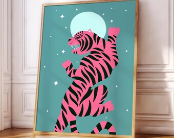 Póster de tigre bohemio, rosa, azul, vida silvestre, selva, naturaleza, galería de pared, para sala de estar, dormitorio o cocina, tamaño A5, A4, A3, A2, A1 y A0.