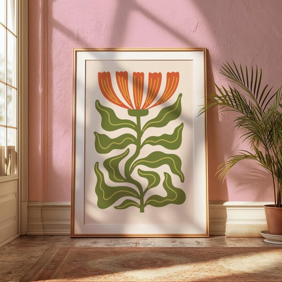 Matisse Inspired Botanical Poster | Green Leaves Orange Petals on