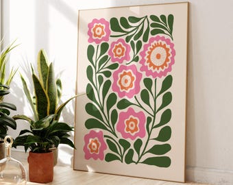 Matisse Inspired Botanical Poster | Green Leaves Pink Orange Flowers Beige Background | Modern Floral Wall Art Print | Minimalist Home Decor