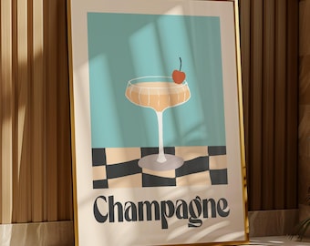 Champagne Summers Day Print | Alcohol | Garden/Kitchen Bar | Man cave | Kitchen Disco | Vintage | Retro | Fun | Party | A5/A4/A3/A2/A1/A0