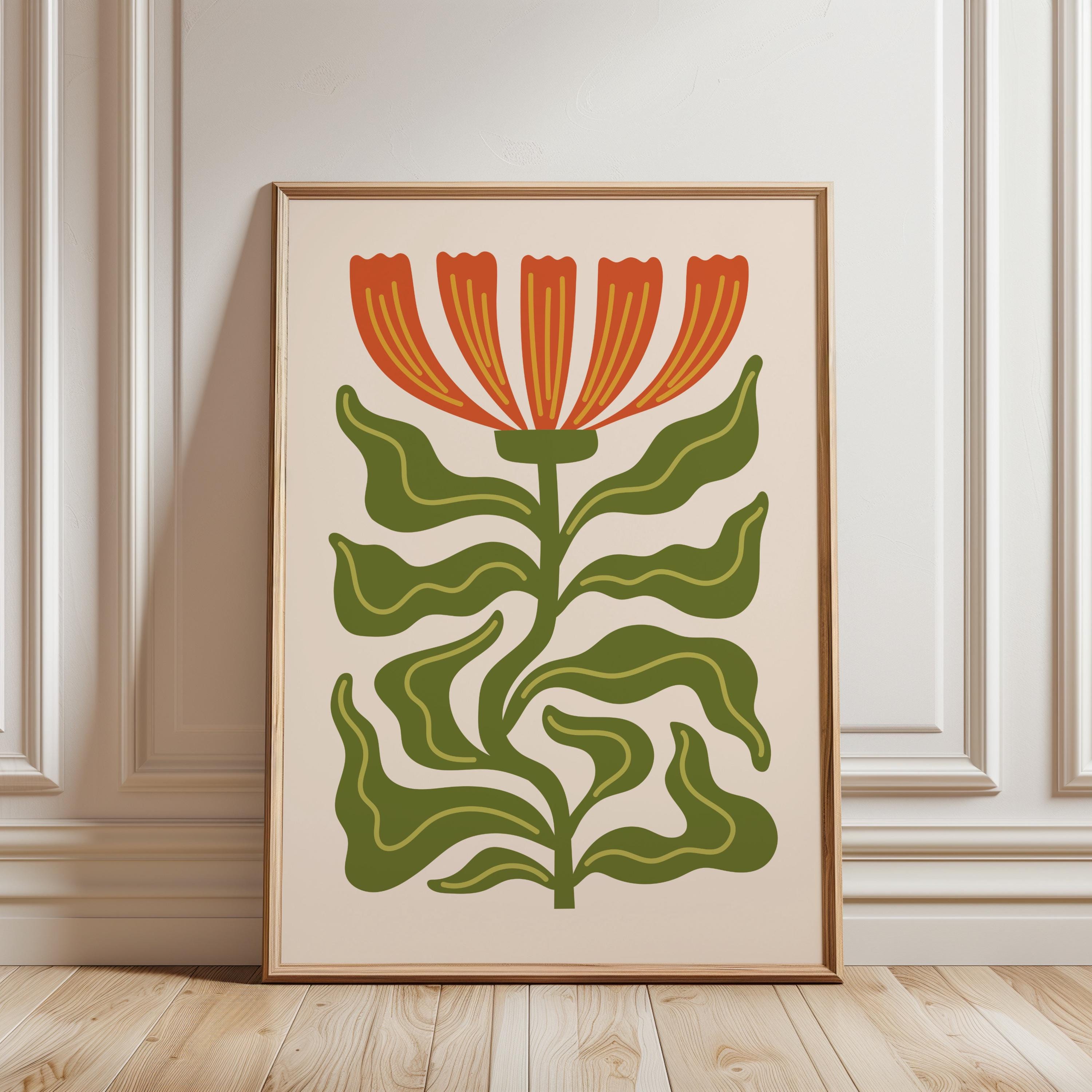 Matisse Inspired Botanical Poster | Green Leaves Orange Petals on