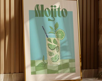 Mojito Green Cocktail Print | Rum | Alcohol | Garden/Kitchen Bar | Man cave | Kitchen Disco | Vintage | Retro | Party | A5/A4/A3/A2/A1/A0