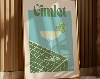 Póster de cóctel Gimlet / Impresión de bebida de la cultura pop / Arte mural moderno para bar / Decoración minimalista de cocina Martini