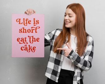 Life Is Short Vintage Typographic Poster Print | Funny | Humour | Life | Cake | Living Room/Bedroom/Kitchen Wall Art | A5/A4/A3/A2/A1/A0