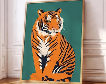 Tiger Poster Print | Orange | Green | Wildlife | Jungle | Boho | Gallery Wall | Living Room/Bedroom/Kitchen Wall Art | A5/A4/A3/A2/A1/A0