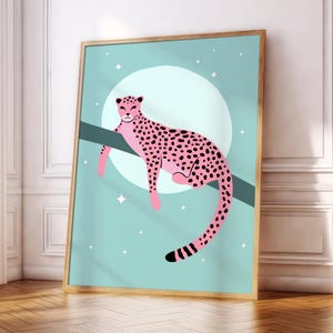 Stampa poster leopardo rosa pigro / blu / fauna selvatica / giungla / boho / parete galleria / arte murale soggiorno/camera da letto/cucina / A5/A4/A3/A2/A1/A0