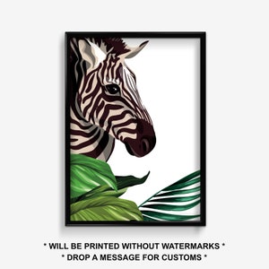 May include: A black and white zebra with a green leafy background. The zebra's head is turned to the side, and its eye is visible. The leaves are a dark green and have a textured appearance.