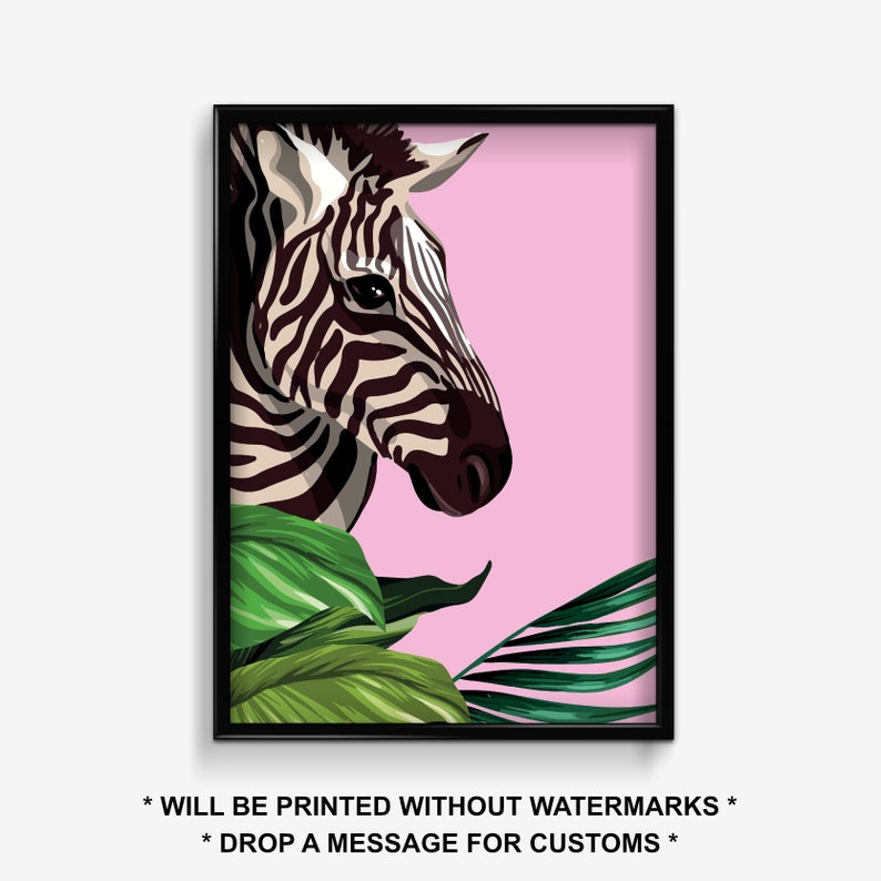 May include: A black and white zebra head with a pink background and green tropical leaves.