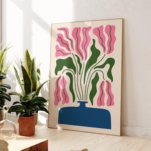 Matisse Inspired Botanical Poster | Blue Plant Pot with Green & Pink Leaves | Modern Floral Wall Art Print | Minimalist Home Decor