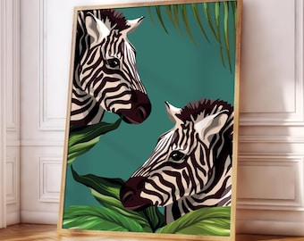 Zebra Poster Print | Pink | Green | Wildlife Plants Jungle | Boho | Gallery Wall | Living Room/Bedroom/Kitchen Wall Art | A5/A4/A3/A2/A1/A0