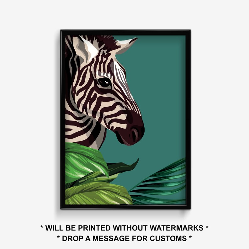 May include: A black and white zebra with a green leafy background. The zebra is looking to the right of the image. The background is a teal color.
