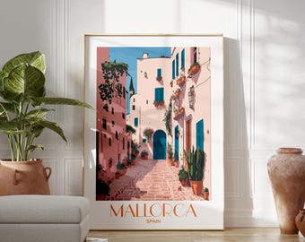 Spain | Mallorca | Cobbles | Vintage Travel Poster | Travel Print | Sunset | Living Room/Bedroom/Kitchen Wall Art | A5/A4/A3/A2/A1/A0