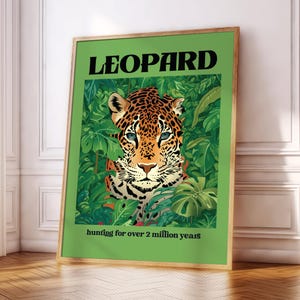Estampa de pôster de leopardo | Verde | Bege | Vida selvagem | Selva | Boho | Quarto infantil | Arte de parede para sala de estar/quarto/cozinha | A5/A4/A3/A2/A1/A0