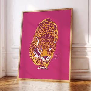 Leopard Poster Print | Hunting | Pink | Wildlife | Jungle | Kids Room | Living Room/Bedroom/Kitchen Wall Art | A5/A4/A3/A2/A1/A0