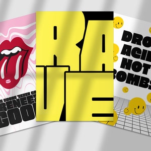 Conjunto de 3 Estampas | Rave dos anos 90 | Música Rave | Arte do folheto do delírio | Letras | Arte na parede da sala/quarto/cozinha | A5/A4/A3/A2/A1/A0