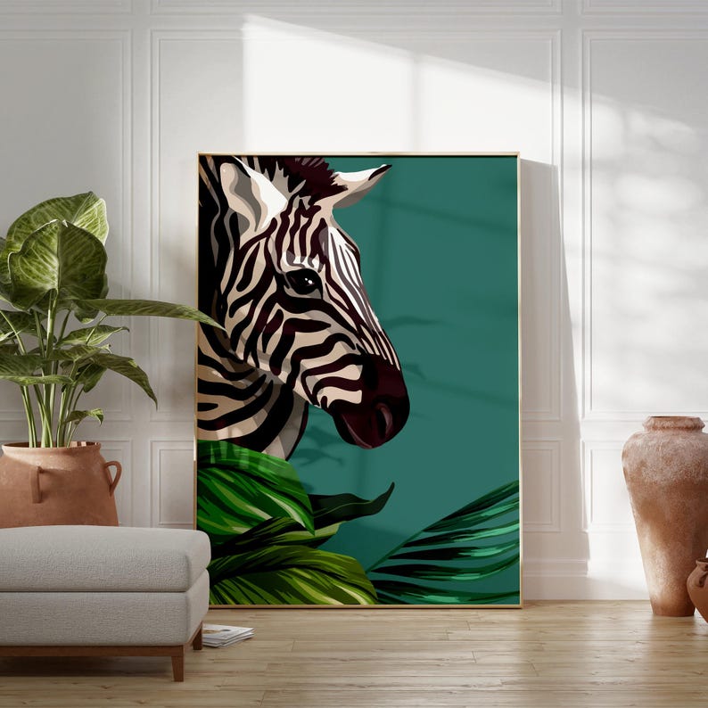 May include: A black and white zebra head with green tropical leaves on a teal background. The zebra is looking to the right of the image.