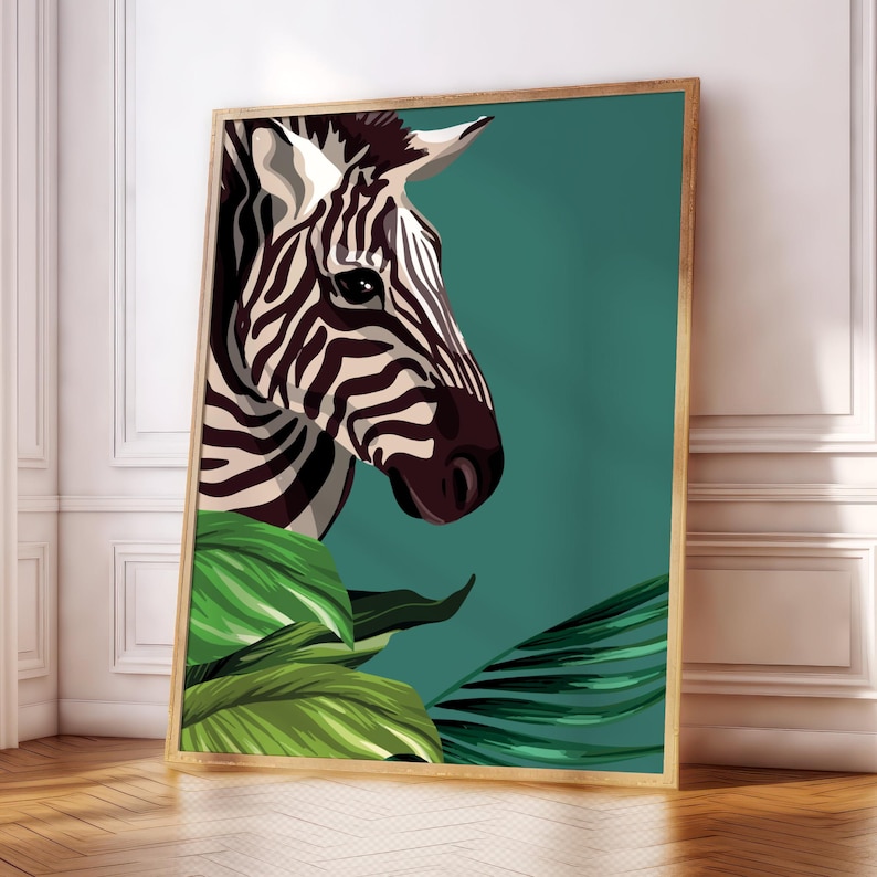 Zebra Poster Print | Pink | Green | Wildlife Plants Jungle | Boho | Gallery Wall | Living Room/Bedroom/Kitchen Wall Art | A5/A4/A3/A2/A1/A0 image 1