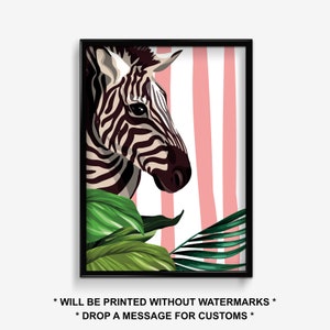 May include: A black and white zebra head with a pink and white striped background. Green tropical leaves are in the foreground.