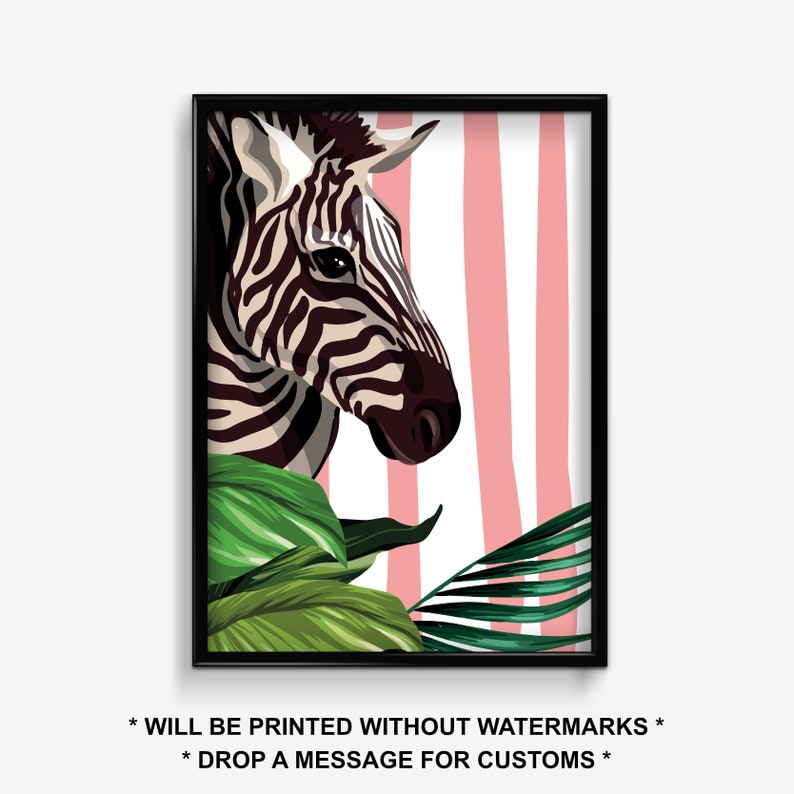 May include: A black and white zebra head with a pink and white striped background. Green tropical leaves are in the foreground.