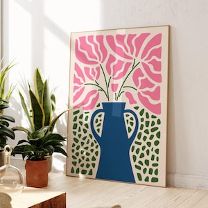Matisse Inspired Botanical Poster | Blue Plant Pot with Green & Pink Leaves | Modern Floral Wall Art Print | Minimalist Home Decor