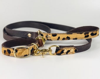 Leather Dog Collar, Brass Plated Dog Collar, Collar and Leash Set, Leopard Print Dog Accessory, Puppy Collar