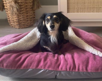 Personalised Dachshund Bed Cave: Sherpa Fleece Dog Snuggle Bed