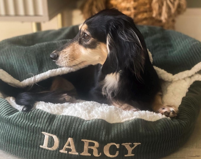 Dachshund Bed Cave, Personalised Sherpa Fleece Dog Pocket Bed
