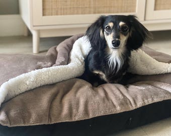 Personalized Dachshund Bed Cave: Sherpa Fleece Dog Snuggle Bed