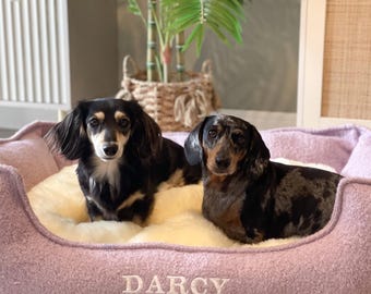 Luxury Boiled Wool Dog Bed with Cuddle Fur Cushion & Custom Embroidery