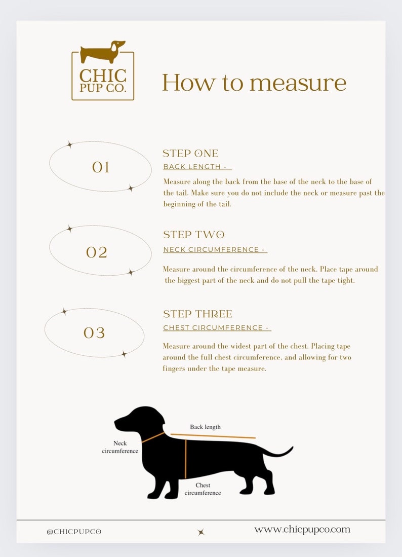 Peut inclure: Diagramme montrant comment mesurer un chien pour un collier ou un harnais sur mesure. Le diagramme montre une silhouette noire de teckel avec trois mesures indiqu&eacute;es&nbsp;: circonf&eacute;rence du cou, longueur du dos et circonf&eacute;rence de la poitrine. Le texte comprend des instructions pour mesurer chaque partie du chien.
