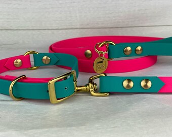 Waterproof BioThane Dog Collar and Lead Set: Two-Tone Vegan Leash