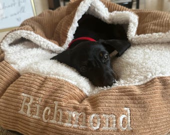 Dachshund Bed Cave, Personalised Sherpa Fleece Dog Pocket Bed For Small Dogs