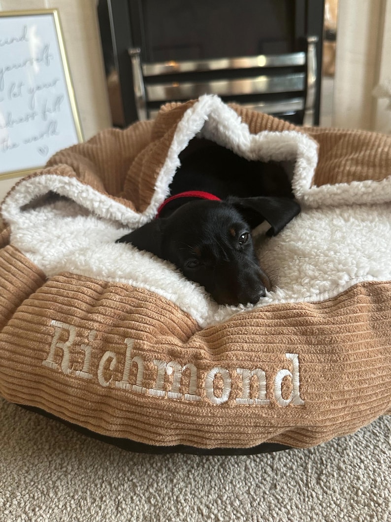 Dachshund Bed Cave, Personalised Sherpa Fleece Dog Pocket Bed For Small Dogs