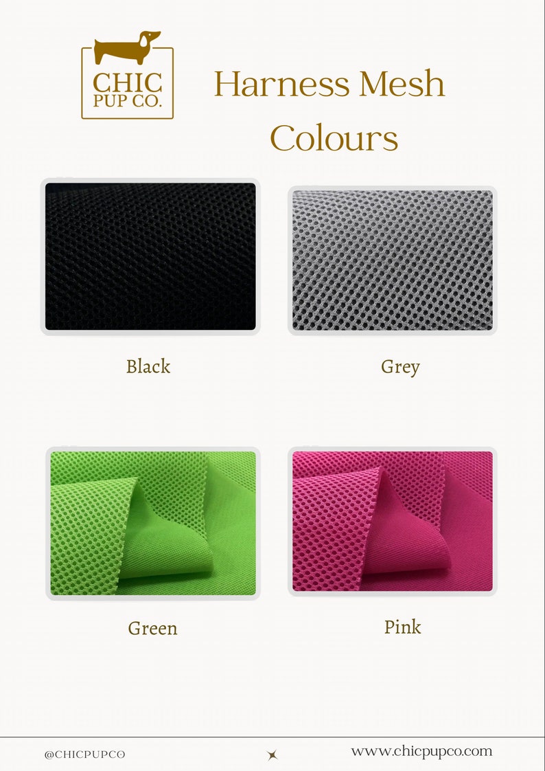 Peut inclure: Quatre &eacute;chantillons de tissu en maille de couleur noire, grise, verte et rose. Le tissu est une maille respirante couramment utilis&eacute;e pour les harnais de chien.