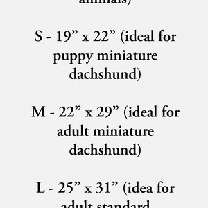May include: Text on a white background details sizes and dimensions for pet products. XS is 30.5cm x 38cm, S is 48cm x 56cm, M is 56cm x 74cm, and L is 63.5cm x 79cm. The text also specifies the type of pet each size is suitable for.