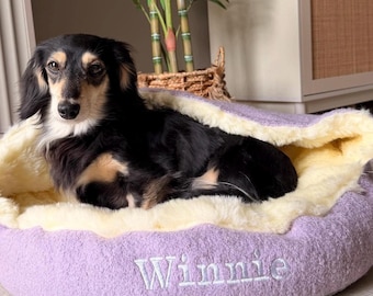 Luxury Dachshund Bed – Boiled Wool Dog Nest with Faux Fur Lining, Small Puppy Bed