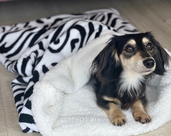 Luxury Dachshund Cosy Sack | Personalized Faux Sherpa Dog Snuggle Bed Burrow Blanket