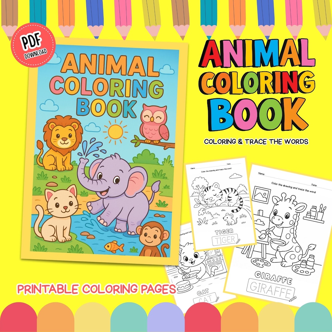 Animal Coloring Book PDF | Kids Printable Coloring Tracing Words Pages ...