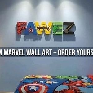 Marvel Superhero Nursery Wall Sign with 3D Printed Custom Letters for Boys Bedroom and Playroom Comic Art Decor