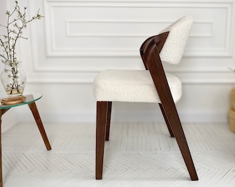 Upholstered Dining Chair "ANDY" in Boucle, Solid Wood Dining Chairs in Black/Brown Color of Legs, Unique Chair for Dining Room