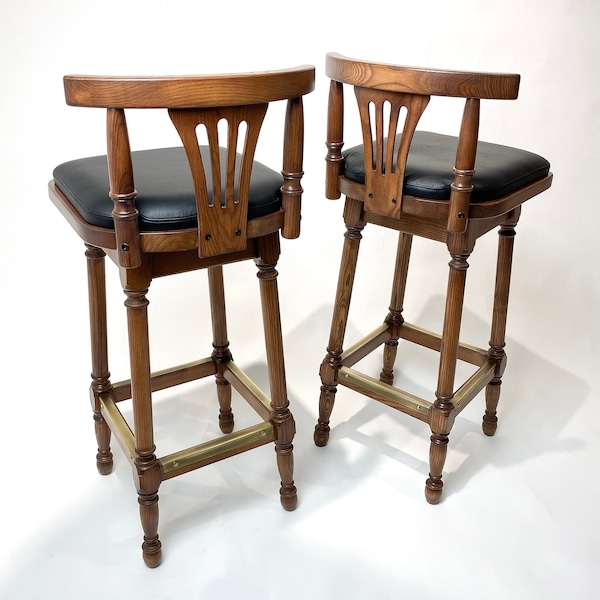 Wooden Bar stools with back in oak, real black leather stools, Counter height stool, Bar stools with cushion Country furniture farmhouse bar