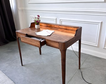 Mid-Century Modern Solid Wood Writing Desk with Hidden Storage, Unique Home Office Desk Table & Adjustable LED Lighting, Premium Furniture