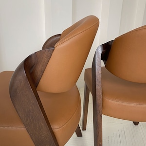 Contemporary Wooden Dining Room Chairs in Tan Leather Upholstery - Elegant and Extremely Comfortable for long sitting