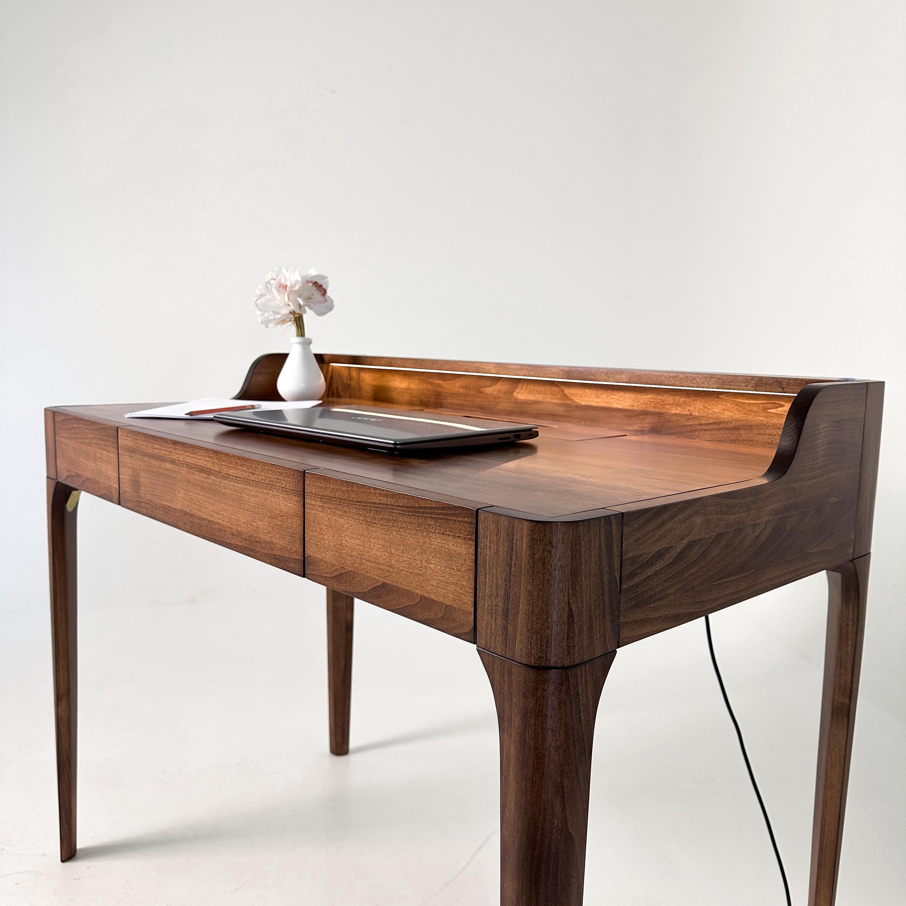 Expertly Handmade Walnut Writing Desk with Adjustable LED Lighting, Mid-century Desk for Home Office (US duties prepaid)