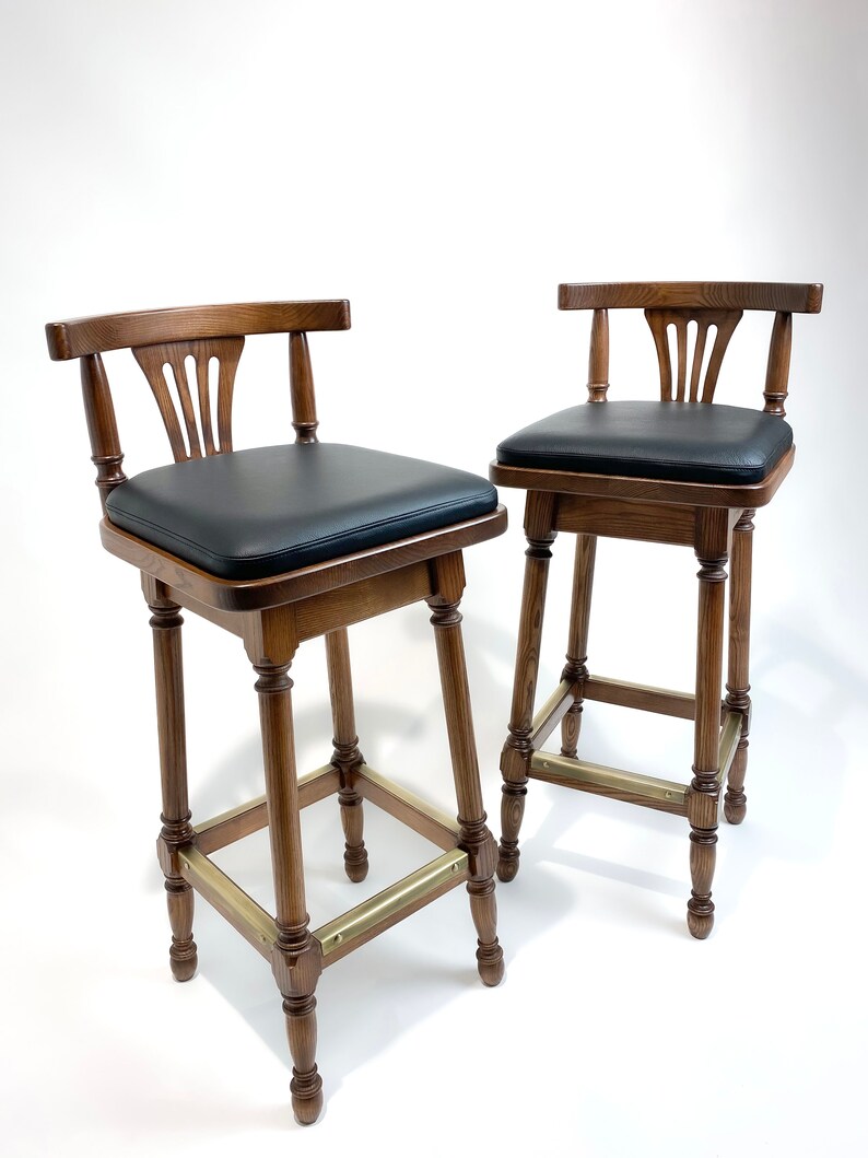 Wooden Bar Stools With Back in Oak Real Black Leather Stools Etsy