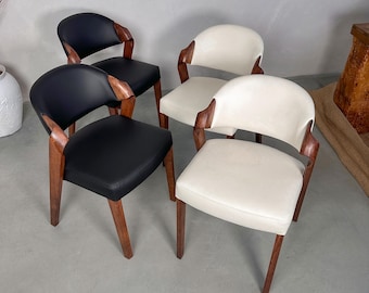Dining Chair "ANDY" Handcrafted of Solid Wood & Genuine Black/Light Beige Leather, Custom Made Wooden Chair for Dining room, Walnut Chairs